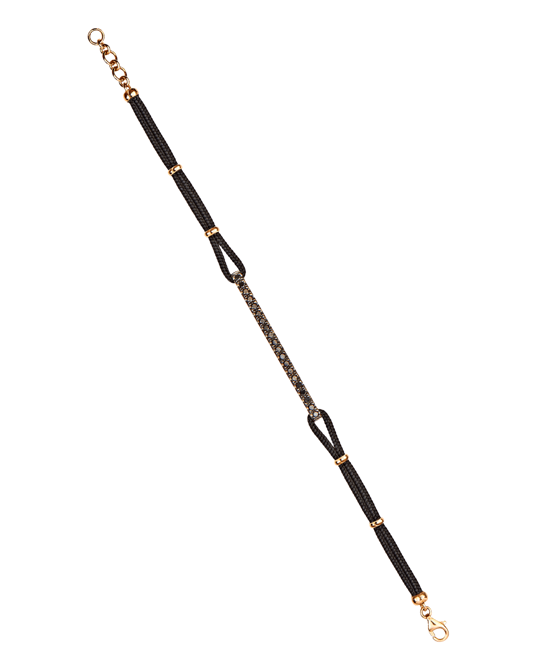 Molu Siyah Pırlantalı İpek Kordonlu Çubuk Bilezik