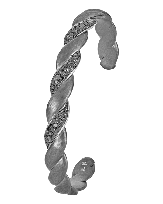 Molu Siyah Pırlantalı Gümüş Örgü Bilezik