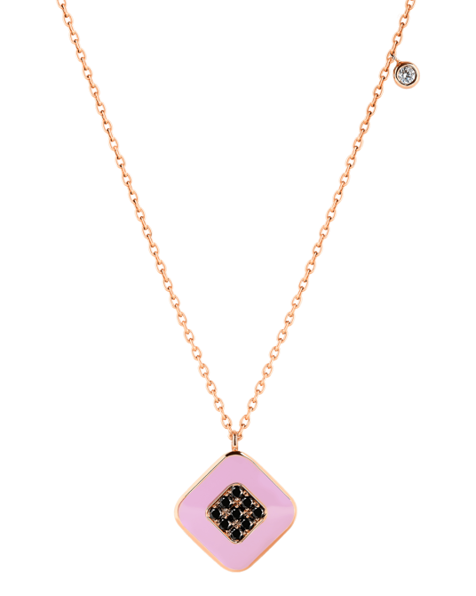 Molu Siyah Pırlantalı Pembe Mineli Kare Pave Kolye