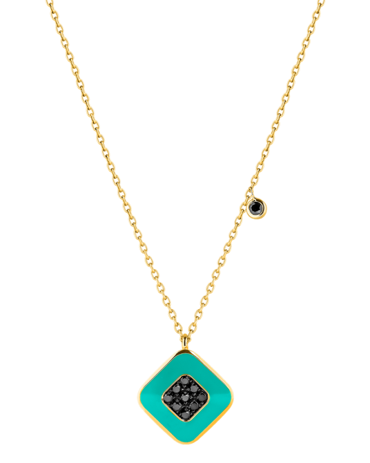 Molu Siyah Pırlantalı Turkuaz Mineli Kare Pave Kolye