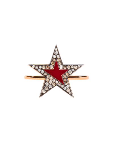 Molu Kahve Pırlantalı Kırmızı Mineli Yıldız Yüzük	