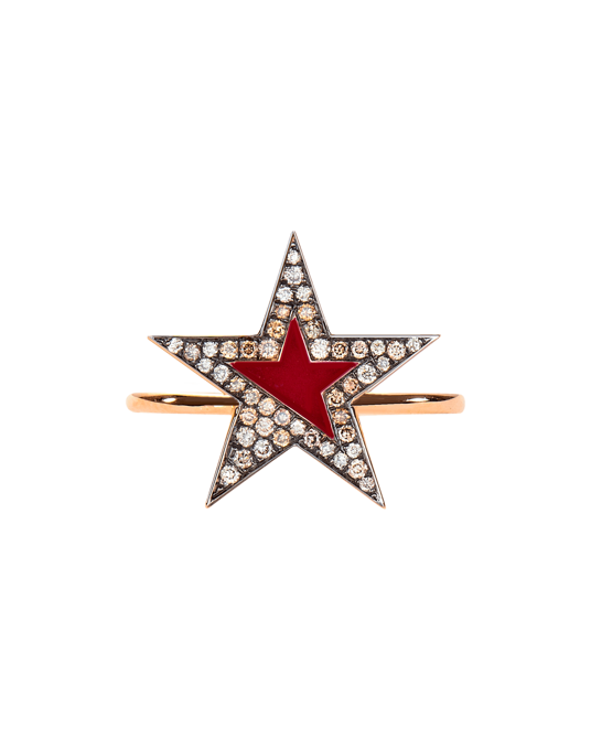 Molu Kahve Pırlantalı Kırmızı Mineli Yıldız Yüzük	