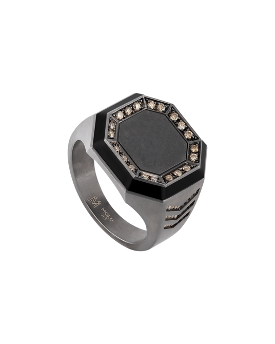 Molu Kahve Pırlantalı Siyah Mineli Gümüş Yüzük