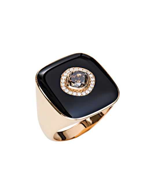 Molu Pırlantalı Kahve Tektaşlı Siyah Mineli Yüzük	