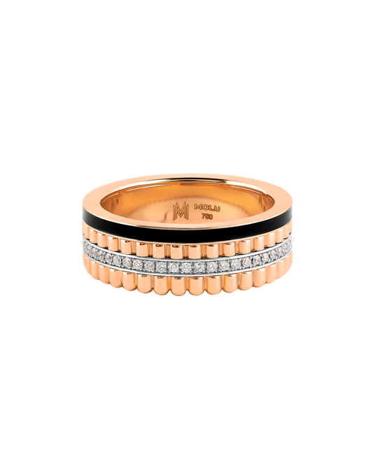 Molu Pırlantalı Siyah Mineli Kanallı Yüzük