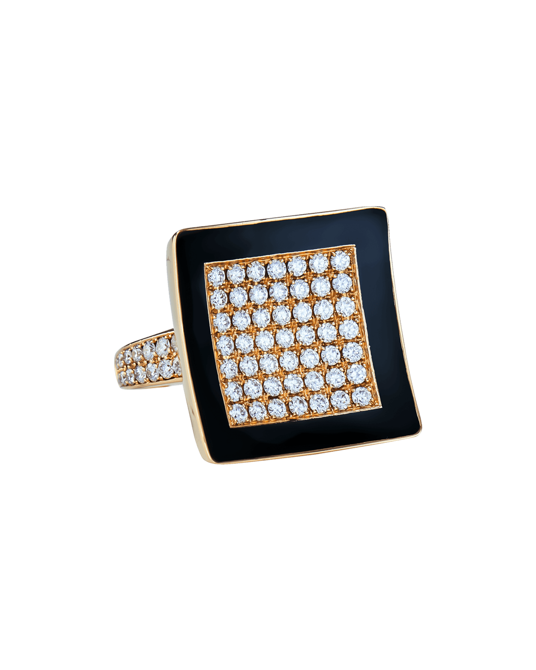 Molu Pırlantalı Siyah Mineli Kare Pave Yüzük	