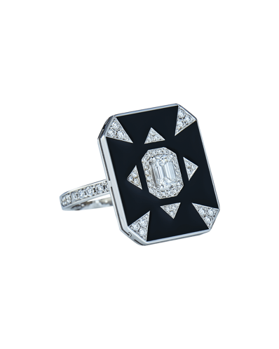 Molu Pırlantalı Zümrüt Kesim Tektaşlı Siyah Mineli Yüzük	