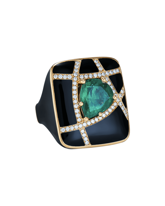 Molu Pırlantalı Zümrütlü Siyah Mineli Yüzük	