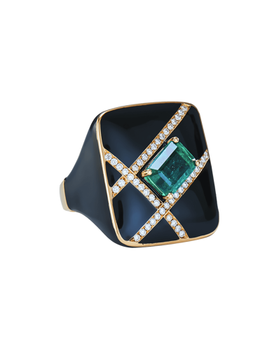 Molu Pırlantalı Zümrütlü Siyah Mineli Yüzük	