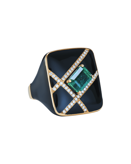 Molu Pırlantalı Zümrütlü Siyah Mineli Yüzük	