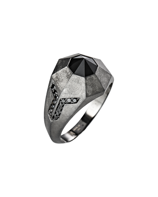 Molu Siyah Pırlantalı Oniksli Gümüş Yüzük