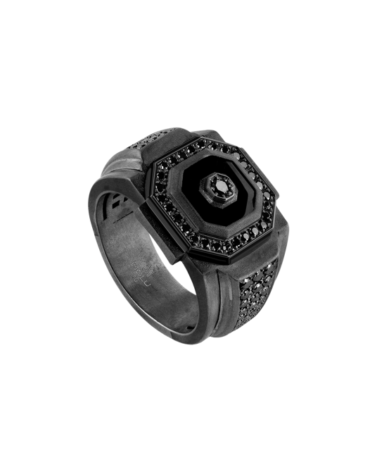 Molu Siyah Pırlantalı Siyah Mineli Gümüş Yüzük