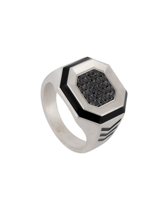 Molu Siyah Pırlantalı Siyah Mineli Gümüş Yüzük