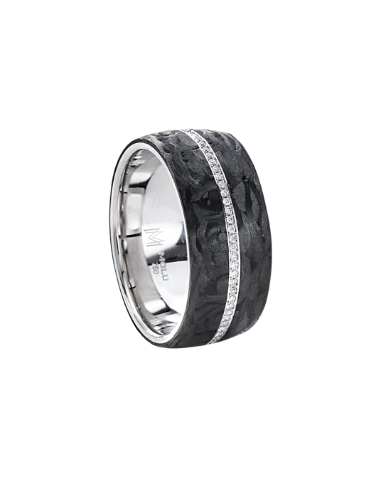 Molu Pırlantalı Siyah Karbonlu Tek Sıra Bantlı Alyans