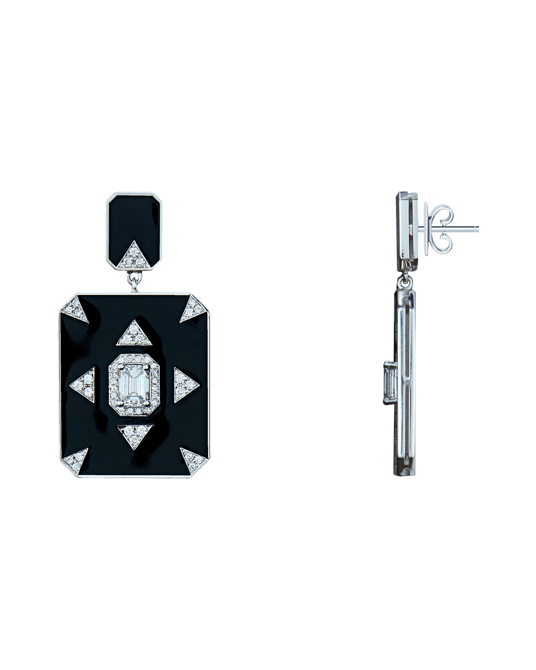 Molu Pırlantalı Zümrüt Kesim Tektaşlı Siyah Mineli Küpe	