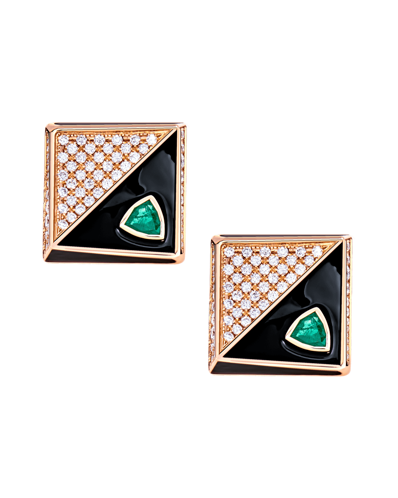 Molu Pırlantalı Zümrütlü Siyah Mineli Kare Pave Küpe	