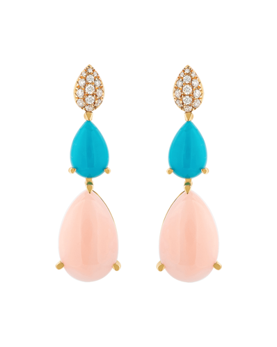 Molu Tropica Pırlantalı Damla Turkuaz ve Pembe Mercanlı Sallantılı Küpe