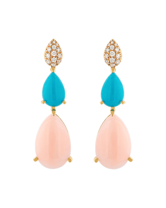 Molu Tropica Pırlantalı Damla Turkuaz ve Pembe Mercanlı Sallantılı Küpe