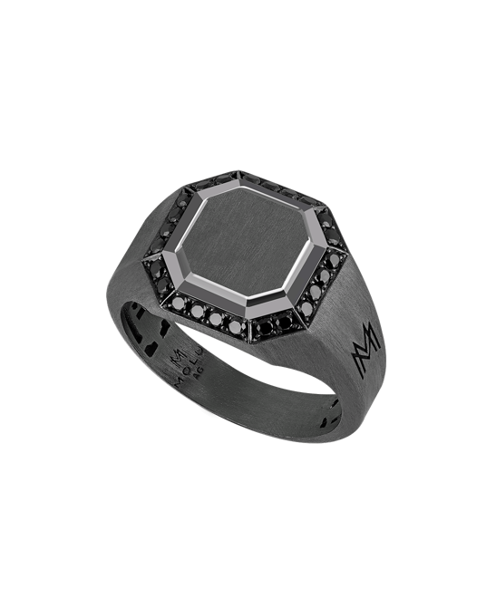 Molu Siyah Pırlantalı Sekizgen Gümüş Yüzük