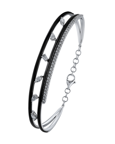 Molu Pırlantalı Çift Sıra Siyah Mineli Kelepçe Bilezik