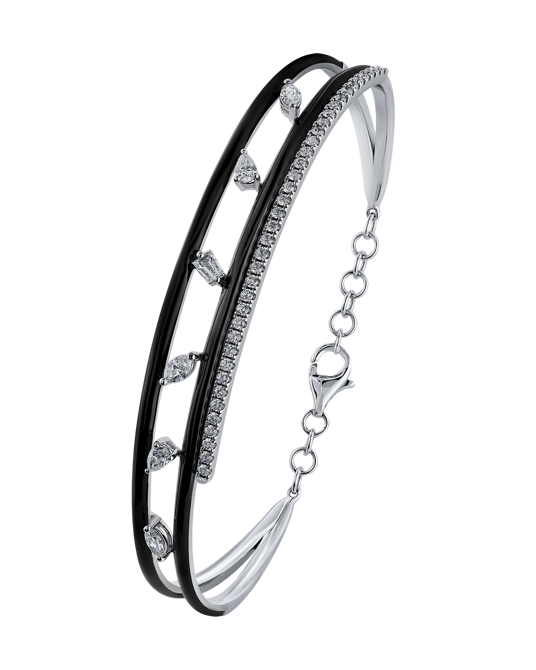 Molu Pırlantalı Çift Sıra Siyah Mineli Kelepçe Bilezik