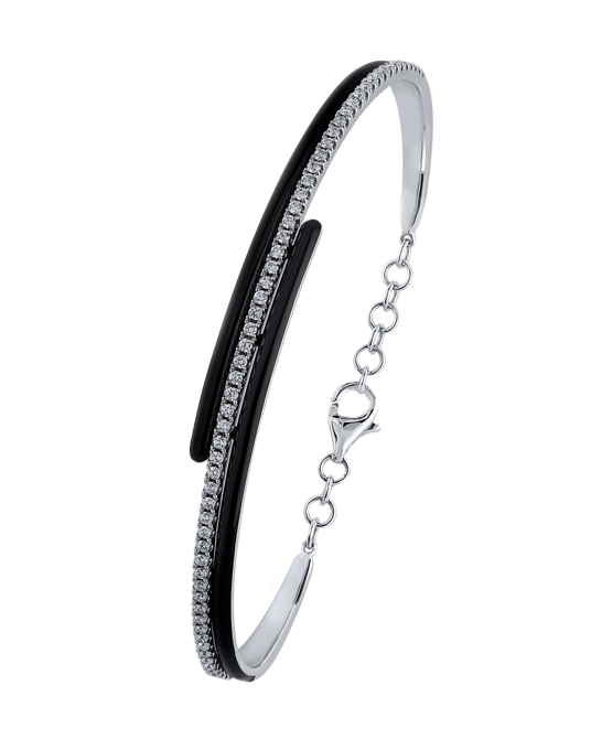 Molu Pırlantalı Çift Sıra Siyah Mineli Kelepçe Bilezik