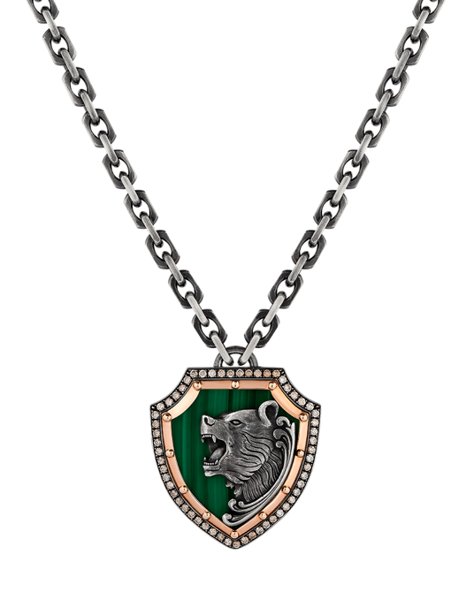 Molu Kahve Pırlantalı Ayı Figürlü Kalkan Kolye