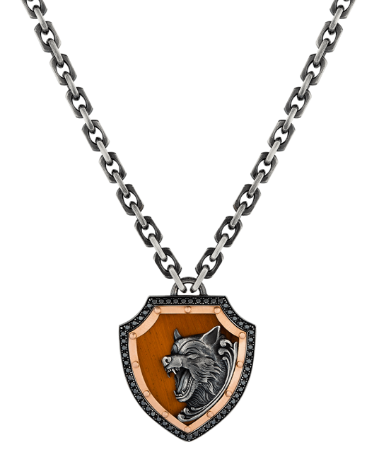 Molu Siyah Pırlantalı Kurt Figürlü Kalkan Kolye