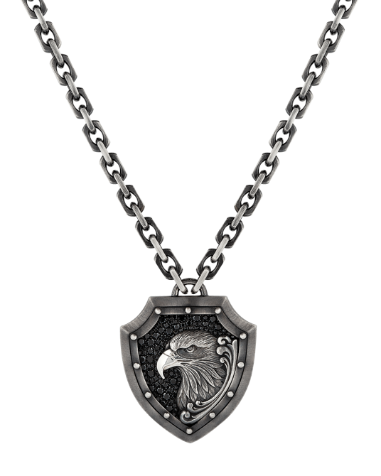 Molu Siyah Pırlantalı Kartal Figürlü Kalkan Kolye