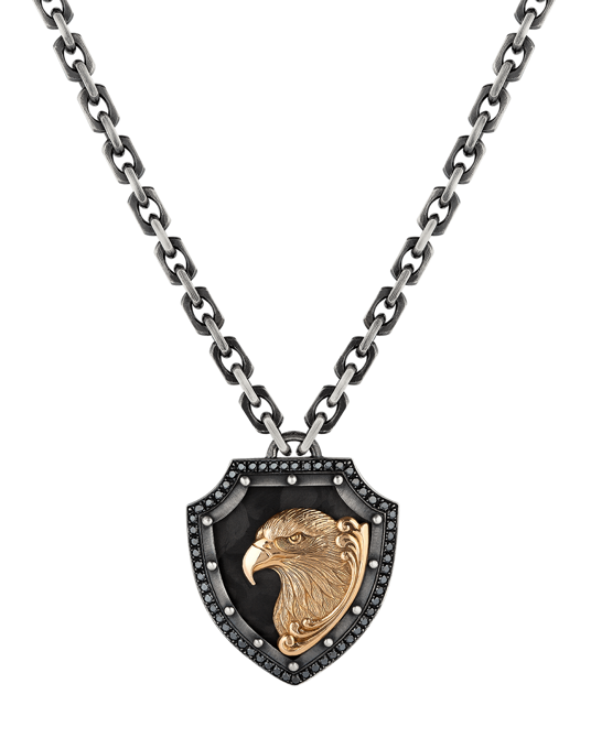 Molu Siyah Pırlantalı Kartal Figürlü Kalkan Kolye
