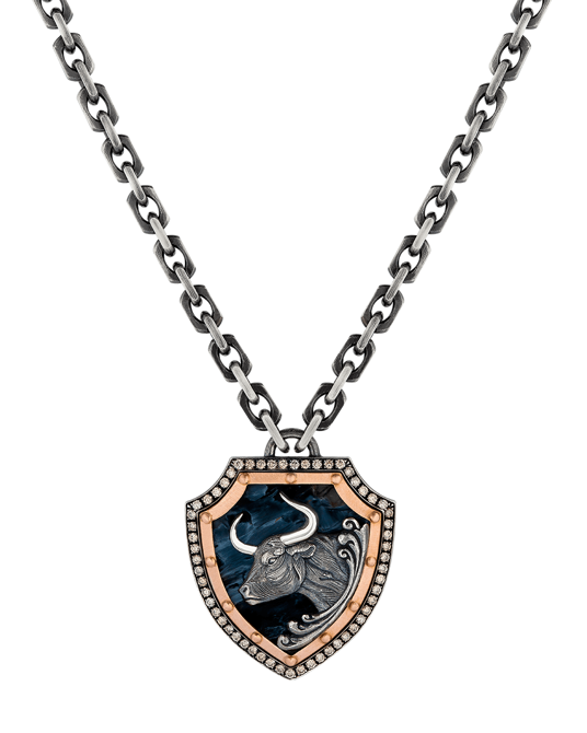 Molu Kahve Pırlantalı Boğa Figürlü Kalkan Kolye