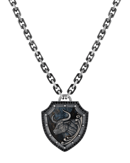 Legend Siyah Pırlantalı Pietersite Taşlı Boğa Figürlü Kolye