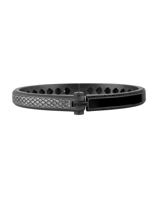 Legend Siyah Pırlantalı Siyah Mineli Tüy Desenli Vidalı Gümüş Bilezik