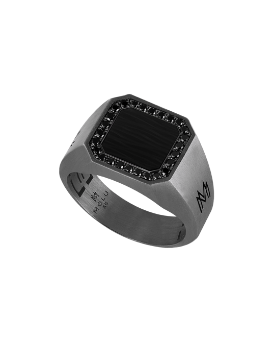 Molu Siyah Pırlantalı Karbon Fiber Sekizgen Gümüş Yüzük