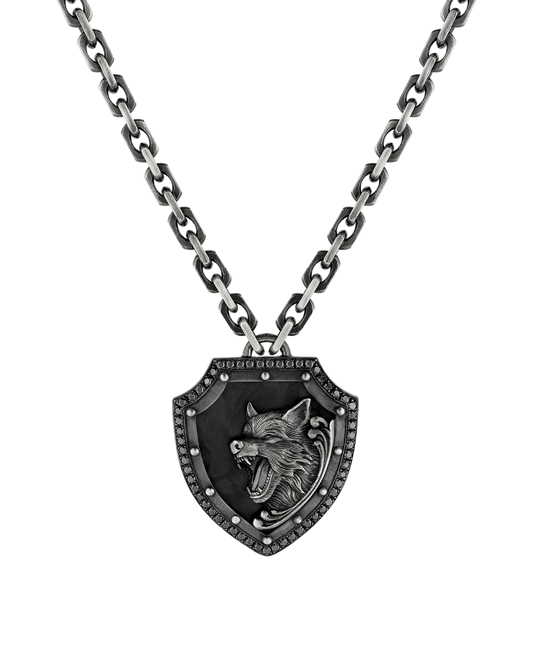 Legend Siyah Pırlantalı Kurt Figürlü Kolye